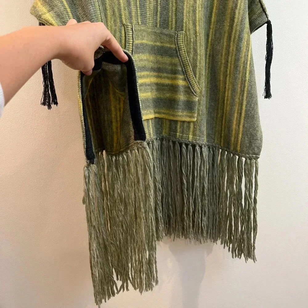 Raquel Allegra Wool Cashmere Knit Blend Fringe Bohemian Pullover Poncho Sweater